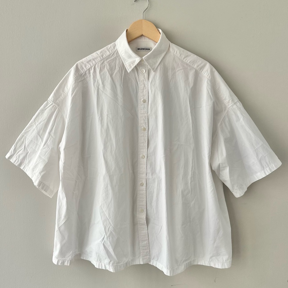SOLD Balenciaga White and Pink Allover Logo Short Sleeve Shirt